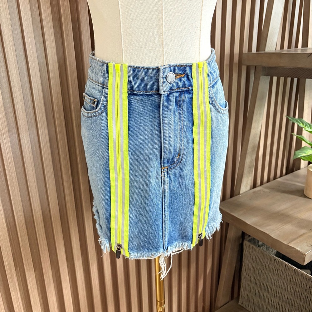 Carmar Los Angeles Neon Stripe Distressed Denim Mini Skirt - Size 26